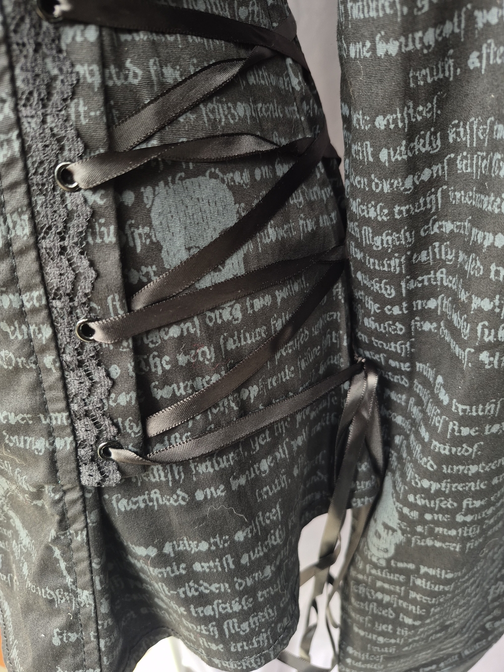 Vintage Lip Service "Morbid Curiosity" skull button-down, Lace Up corset top. - Picture 3 of 15